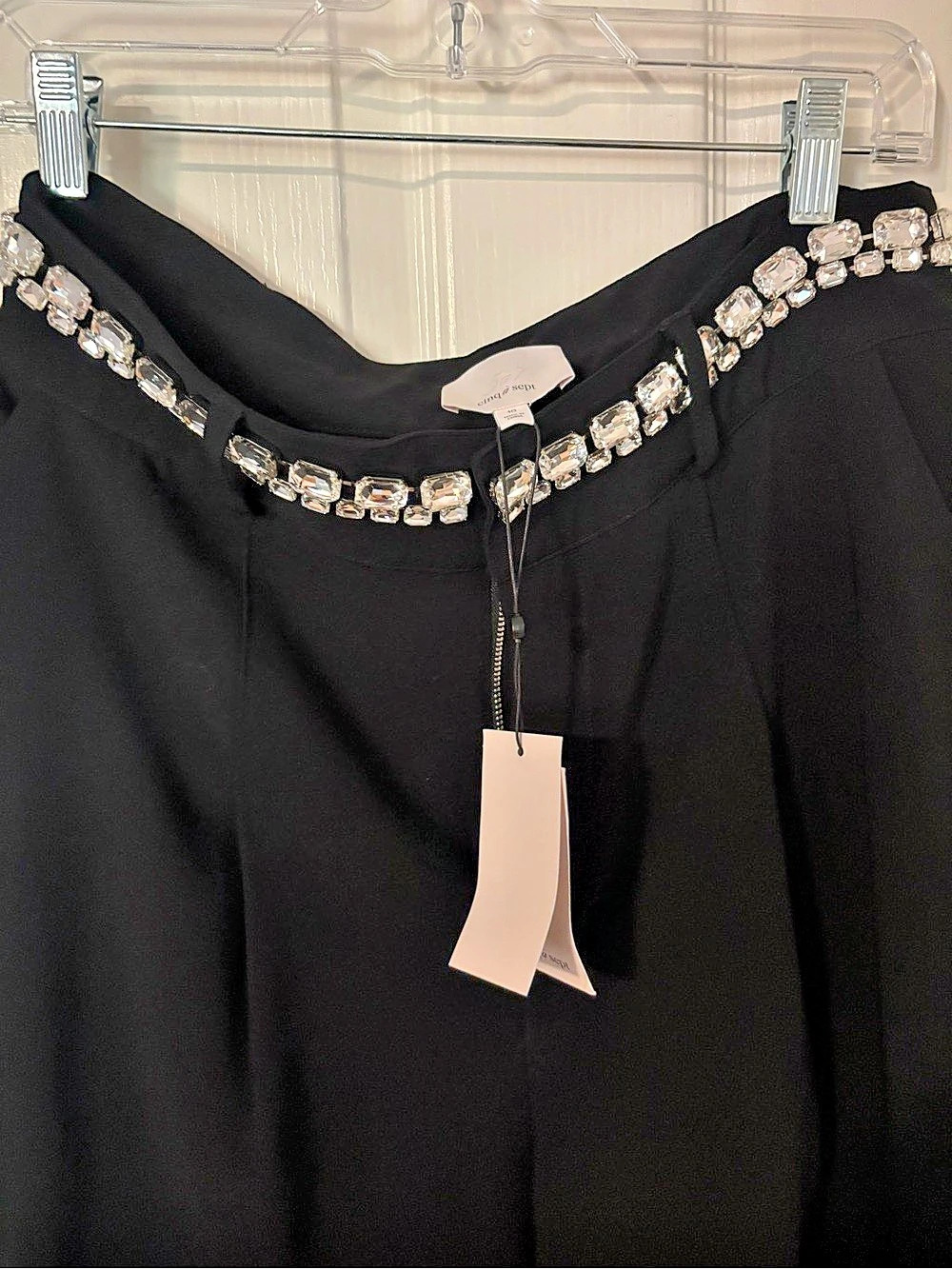 Cinq à Sept Rhinestone Chain Genny Pant Embellished Wide Leg Pants in Black Size